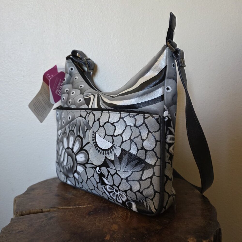 Anuschka Hand Painted Leather Hobo Bag Pewter Floral Patchwork Art NWT - Picture 3 of 16